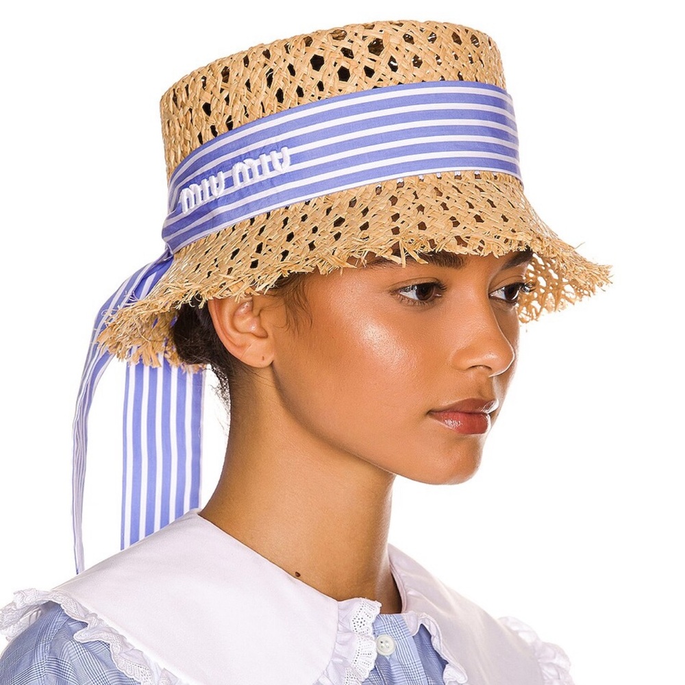 Rare Miu Miu Straw Hat with Blue Striped Band